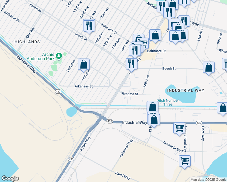 map of restaurants, bars, coffee shops, grocery stores, and more near 225 Oregon Way in Longview