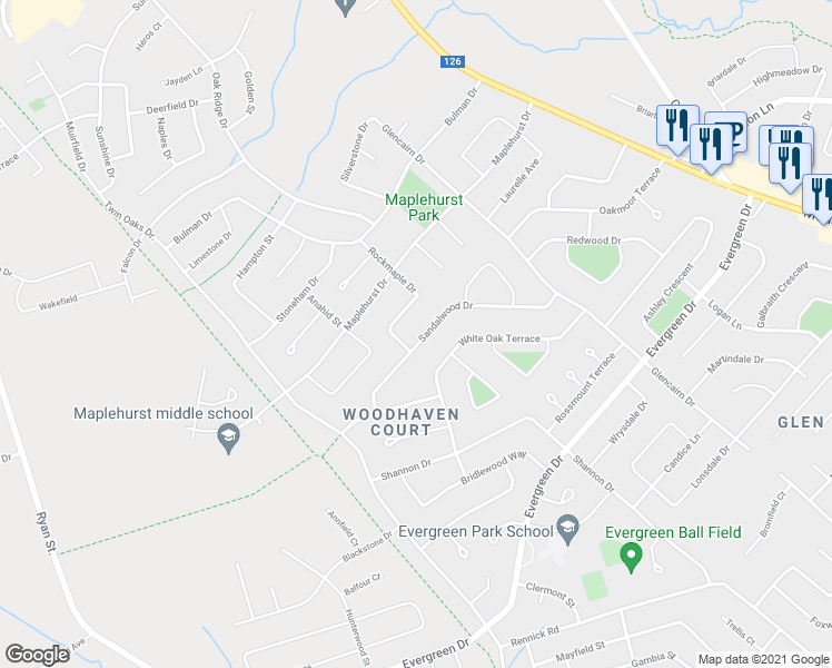 map of restaurants, bars, coffee shops, grocery stores, and more near 127 Sandalwood Drive in Moncton
