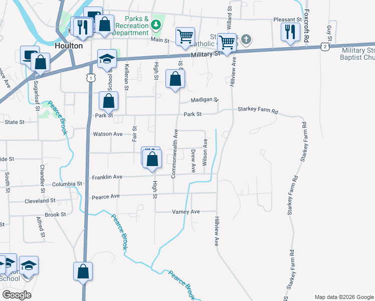map of restaurants, bars, coffee shops, grocery stores, and more near 5 Sterritt Street in Houlton