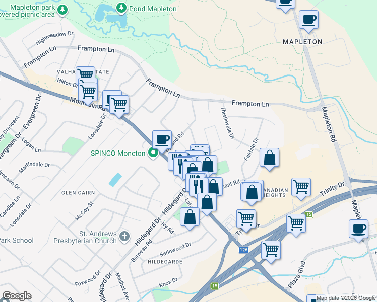 map of restaurants, bars, coffee shops, grocery stores, and more near 40 Upland Road in Moncton