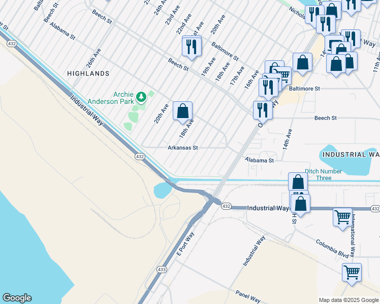 map of restaurants, bars, coffee shops, grocery stores, and more near 1705 Arkansas Street in Longview