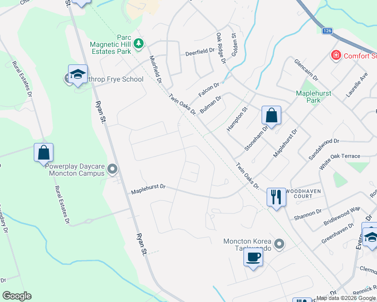 map of restaurants, bars, coffee shops, grocery stores, and more near 218 Falcon Drive in Moncton