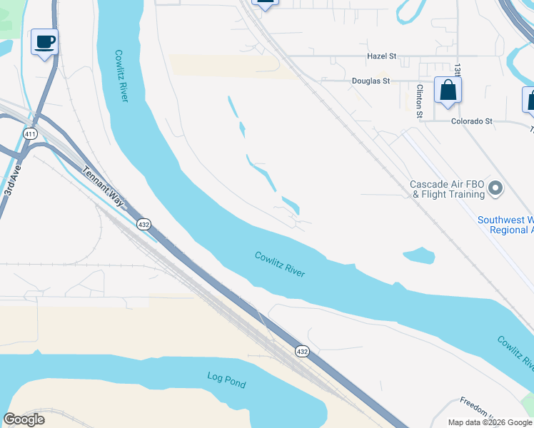 map of restaurants, bars, coffee shops, grocery stores, and more near 2299 South River Road in Kelso