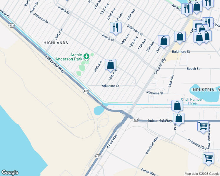 map of restaurants, bars, coffee shops, grocery stores, and more near 1711 Arkansas Street in Longview
