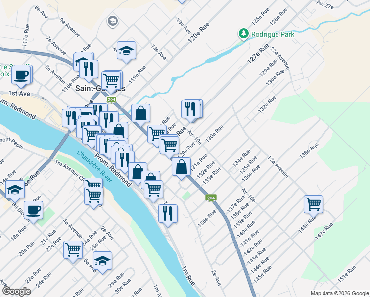 map of restaurants, bars, coffee shops, grocery stores, and more near 725 129e Rue in Saint-Georges