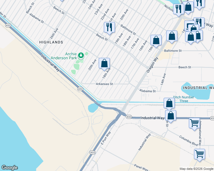 map of restaurants, bars, coffee shops, grocery stores, and more near 151 16th Avenue in Longview