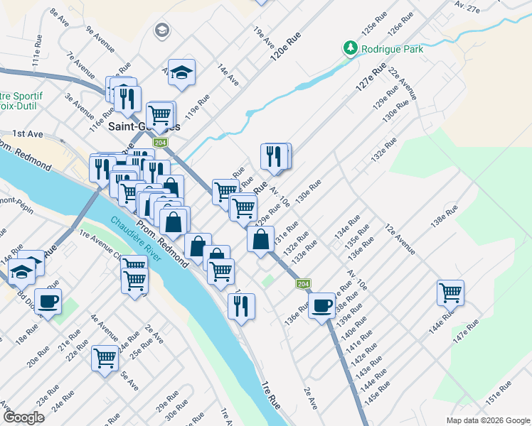 map of restaurants, bars, coffee shops, grocery stores, and more near 725 129e Rue in Saint-Georges