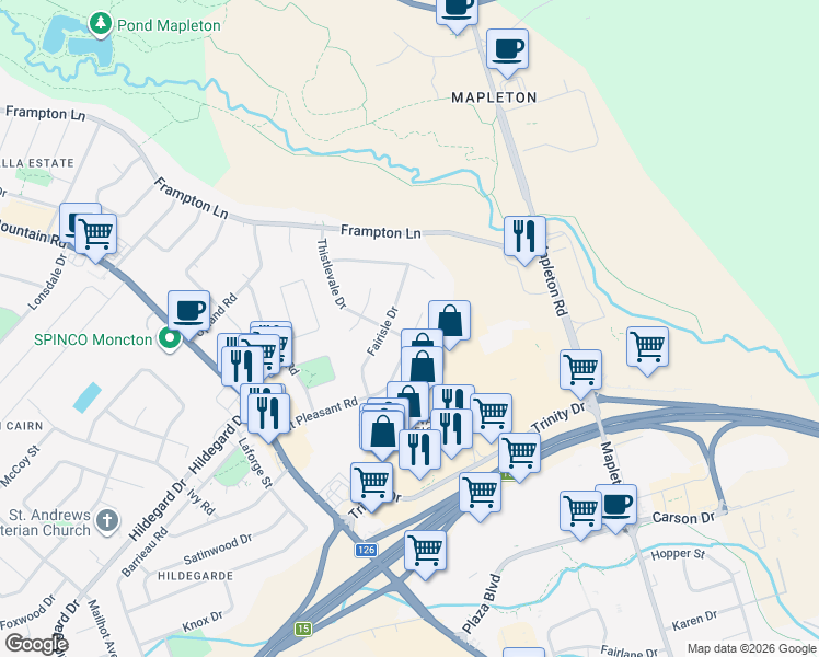 map of restaurants, bars, coffee shops, grocery stores, and more near in Moncton