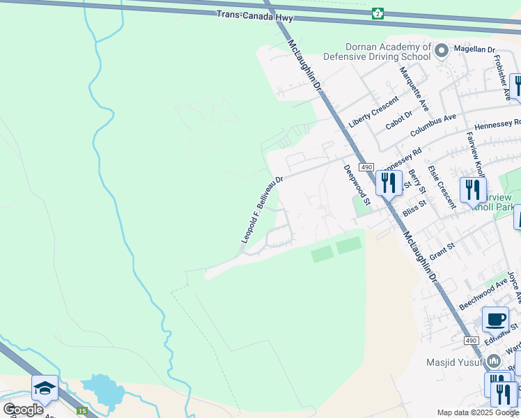 map of restaurants, bars, coffee shops, grocery stores, and more near Leopold F. Belliveau Drive in Moncton