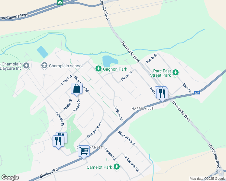 map of restaurants, bars, coffee shops, grocery stores, and more near Gagnon Drive in Moncton