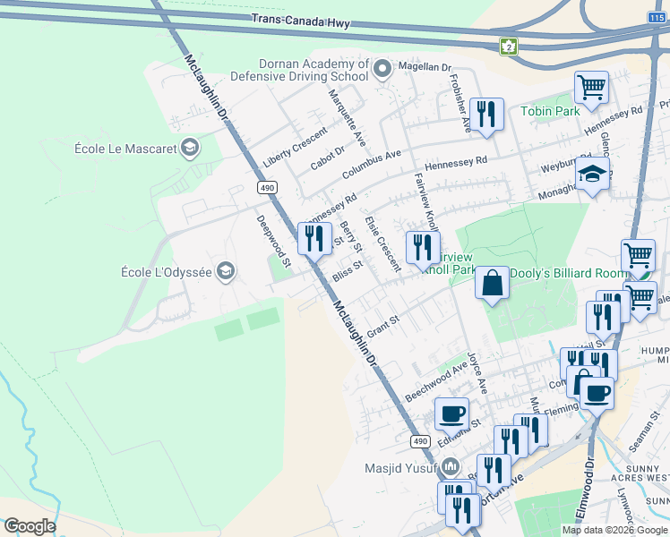 map of restaurants, bars, coffee shops, grocery stores, and more near 20 Bliss Street in Moncton