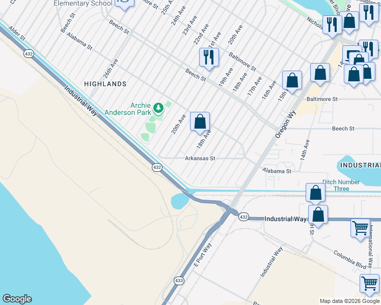 map of restaurants, bars, coffee shops, grocery stores, and more near 259 18th Avenue in Longview