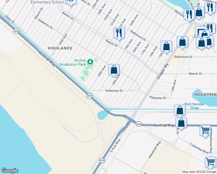 map of restaurants, bars, coffee shops, grocery stores, and more near 259 18th Avenue in Longview