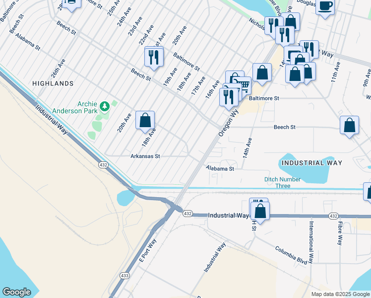 map of restaurants, bars, coffee shops, grocery stores, and more near 1569 Alabama Street in Longview
