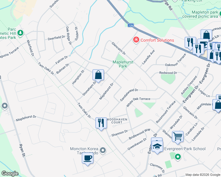 map of restaurants, bars, coffee shops, grocery stores, and more near 196 Maplehurst Drive in Moncton