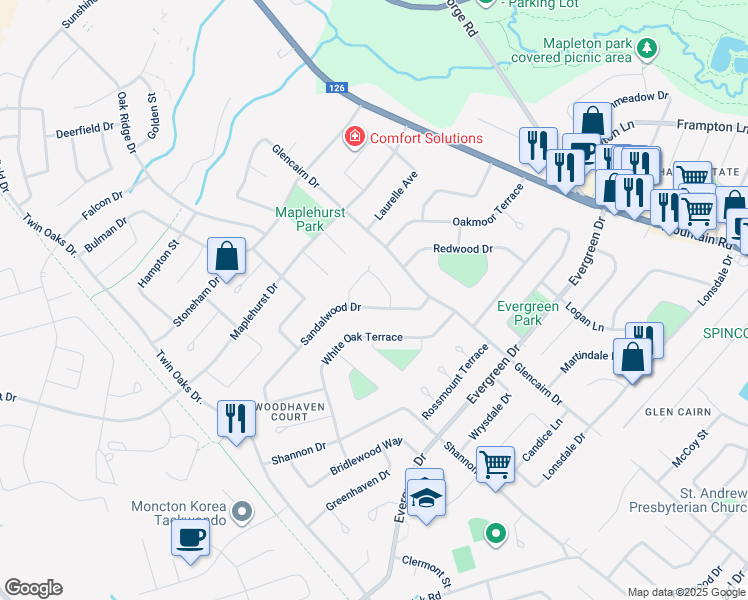 map of restaurants, bars, coffee shops, grocery stores, and more near 55 Sandalwood Drive in Moncton