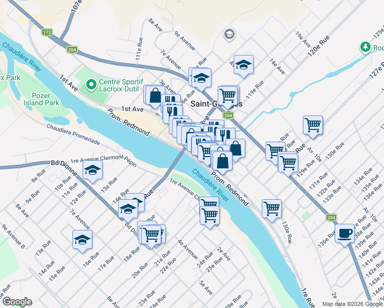 map of restaurants, bars, coffee shops, grocery stores, and more near 11895 1re Avenue in Saint-Georges