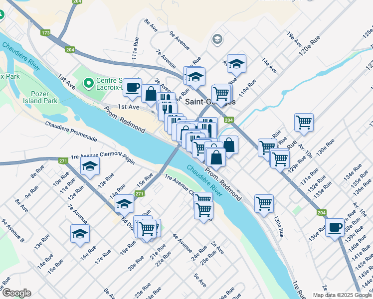 map of restaurants, bars, coffee shops, grocery stores, and more near 11790 1ᴱ Avenue in Saint-Georges