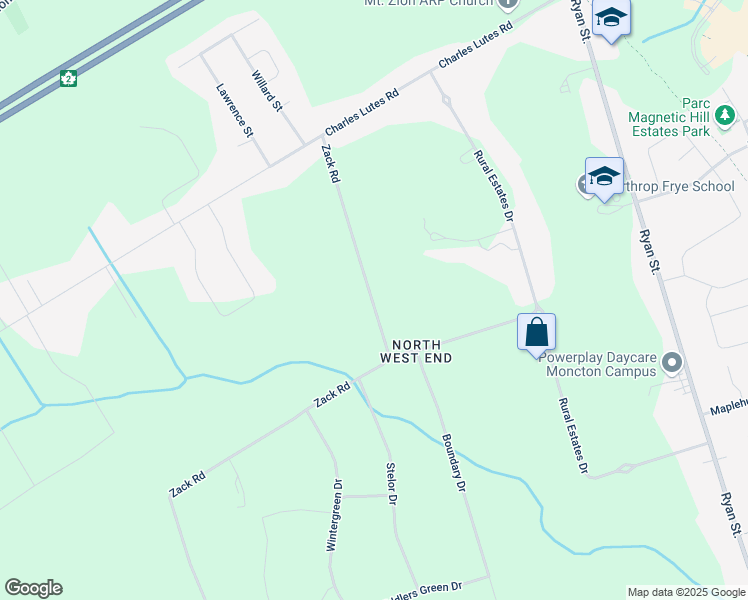 map of restaurants, bars, coffee shops, grocery stores, and more near 245 Zack Road in Moncton