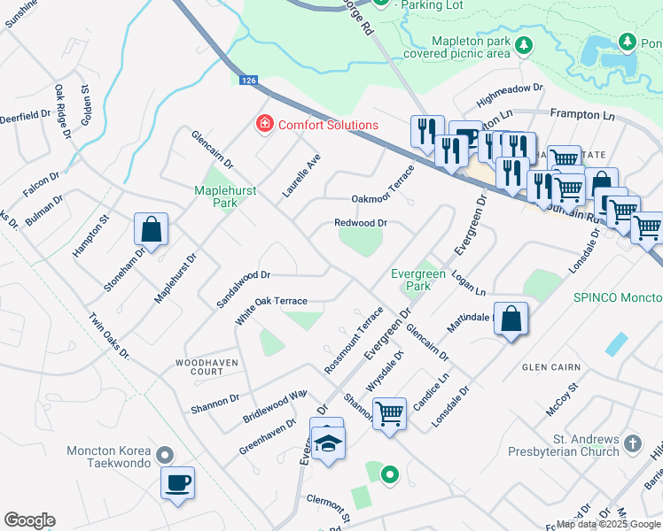 map of restaurants, bars, coffee shops, grocery stores, and more near Glencairn Drive in Moncton