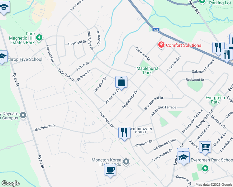 map of restaurants, bars, coffee shops, grocery stores, and more near 39 Stoneham Drive in Moncton