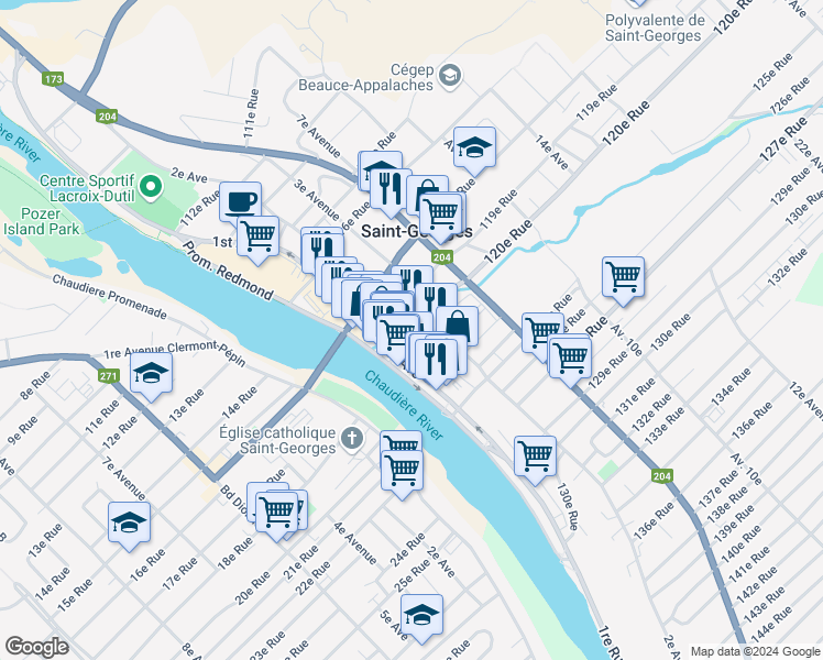 map of restaurants, bars, coffee shops, grocery stores, and more near 12010 2 av in Saint-Georges