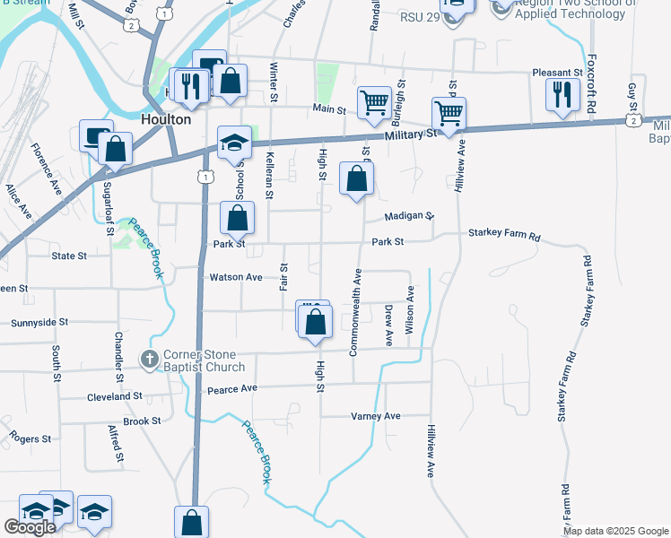 map of restaurants, bars, coffee shops, grocery stores, and more near 2 Johnson Street in Houlton