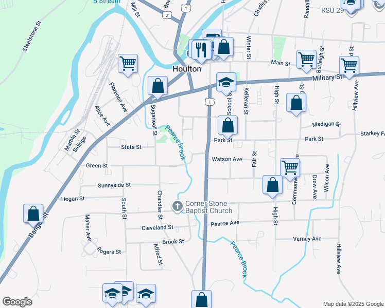map of restaurants, bars, coffee shops, grocery stores, and more near 7 Green Street in Houlton