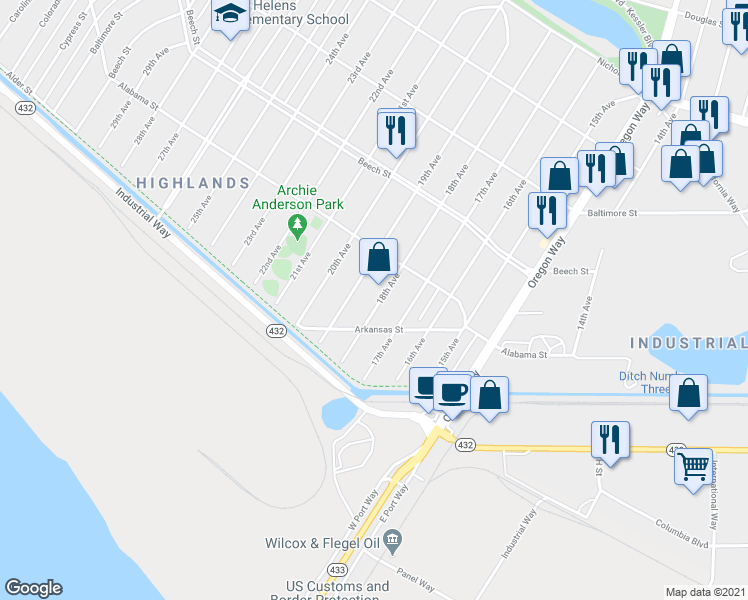 map of restaurants, bars, coffee shops, grocery stores, and more near 259 18th Avenue in Longview