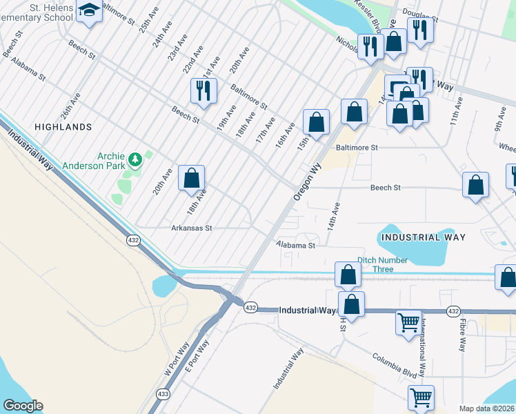 map of restaurants, bars, coffee shops, grocery stores, and more near 329 15th Avenue in Longview