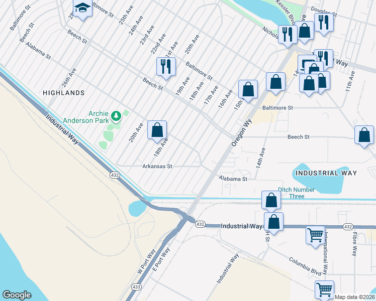 map of restaurants, bars, coffee shops, grocery stores, and more near 293 16th Avenue in Longview