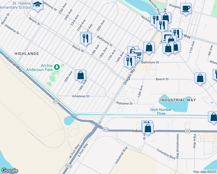 map of restaurants, bars, coffee shops, grocery stores, and more near 329 15th Avenue in Longview