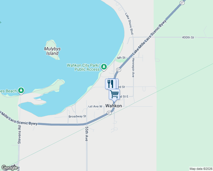 map of restaurants, bars, coffee shops, grocery stores, and more near 180 3rd Street West in Wahkon