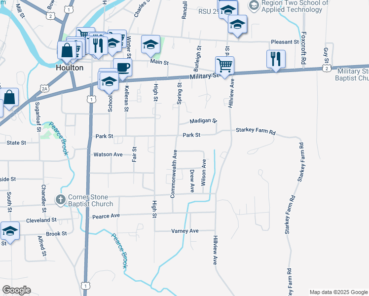 map of restaurants, bars, coffee shops, grocery stores, and more near 2 Johnson Street in Houlton