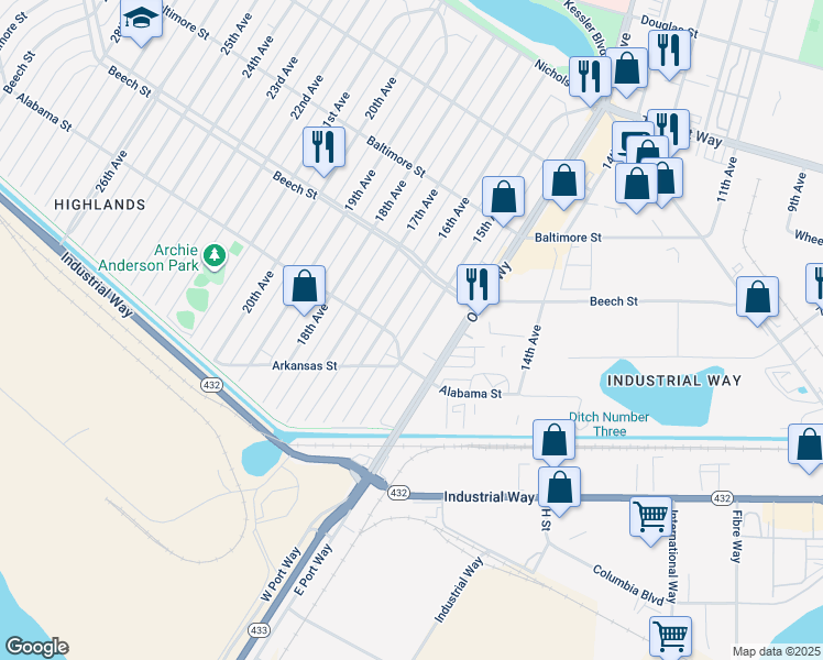 map of restaurants, bars, coffee shops, grocery stores, and more near 325 15th Avenue in Longview