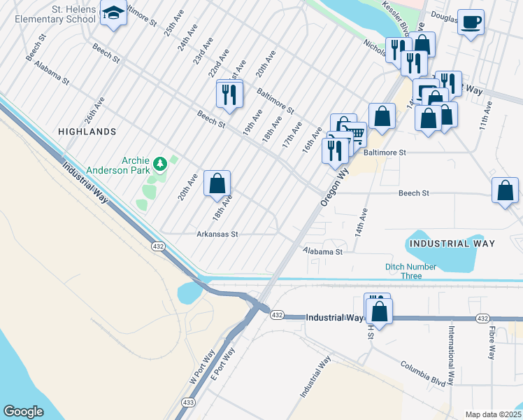 map of restaurants, bars, coffee shops, grocery stores, and more near 297 16th Avenue in Longview