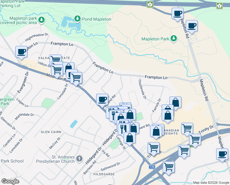 map of restaurants, bars, coffee shops, grocery stores, and more near 115 Chelsea Road in Moncton