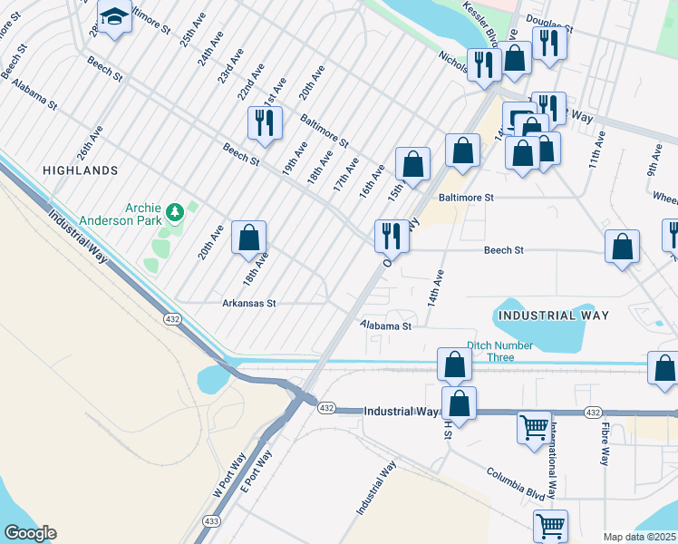 map of restaurants, bars, coffee shops, grocery stores, and more near 329 15th Avenue in Longview