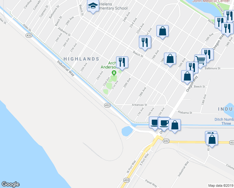 map of restaurants, bars, coffee shops, grocery stores, and more near 225 20th Avenue in Longview