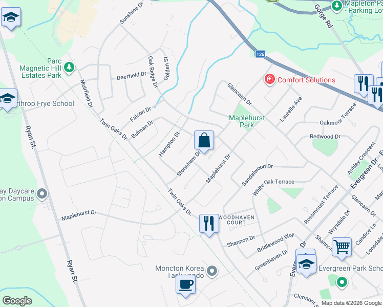 map of restaurants, bars, coffee shops, grocery stores, and more near 39 Stoneham Drive in Moncton