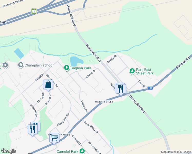 map of restaurants, bars, coffee shops, grocery stores, and more near 17 Thornhill Crescent in Moncton