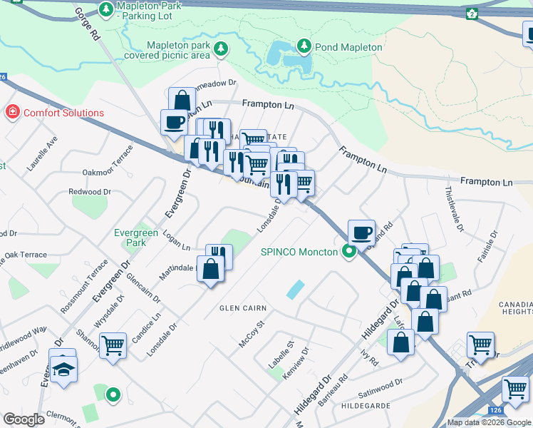 map of restaurants, bars, coffee shops, grocery stores, and more near 5 Galbraith Crescent in Moncton