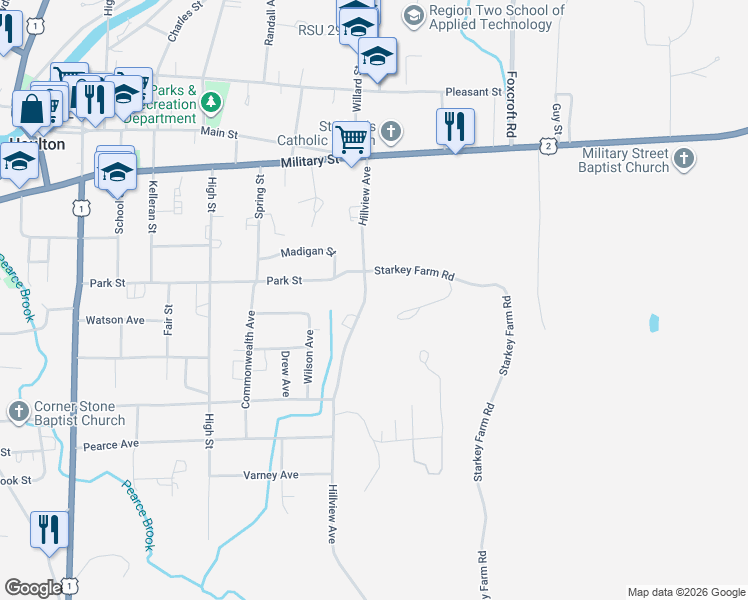map of restaurants, bars, coffee shops, grocery stores, and more near 62 Hillview Avenue in Houlton