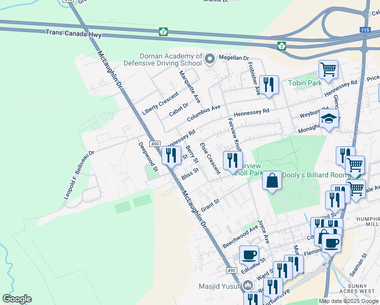 map of restaurants, bars, coffee shops, grocery stores, and more near 38 Carl Street in Moncton
