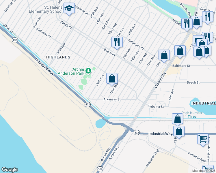 map of restaurants, bars, coffee shops, grocery stores, and more near 259 18th Avenue in Longview
