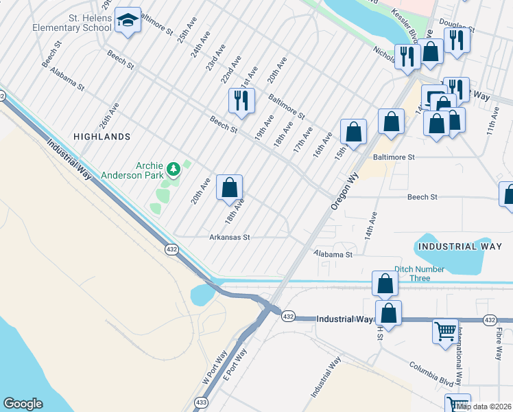 map of restaurants, bars, coffee shops, grocery stores, and more near 293 17th Ave in Longview