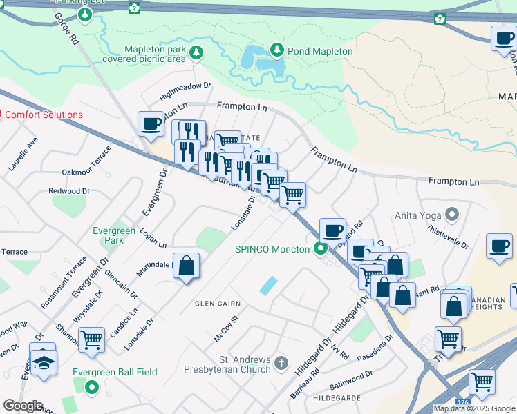 map of restaurants, bars, coffee shops, grocery stores, and more near 20 Lonsdale Drive in Moncton