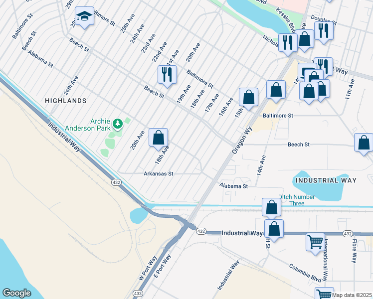 map of restaurants, bars, coffee shops, grocery stores, and more near 297 16th Avenue in Longview