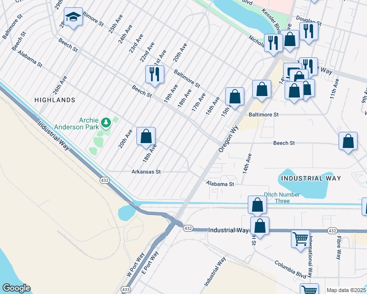 map of restaurants, bars, coffee shops, grocery stores, and more near 317 16th Avenue in Longview