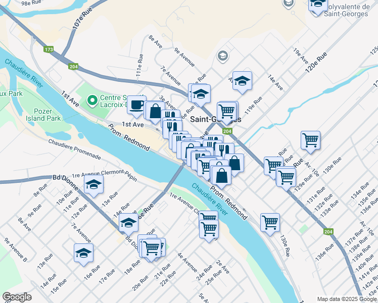 map of restaurants, bars, coffee shops, grocery stores, and more near 11790 1ᴱ Avenue in Saint-Georges